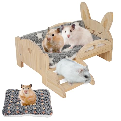 Meerschweinchen Hängematte Holz mit Kaninchenbett, Kaninchen Bett, Meerschweinchen Bett Matte, Meerschweinchen Versteck mit Treppen, Fleece Plüschbett (1* Bett Holz+1*Grau&1*Zyanfarben Plüschbett) von Sparklenut