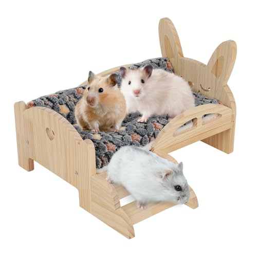 Meerschweinchen Hängematte Holz mit Kaninchenbett, Kaninchen Bett, Meerschweinchen Bett Matte, Meerschweinchen Versteck mit Treppen, Fleece Plüschbett (1* Bett Holz+1* Zyanfarben Plüschbett) von Sparklenut