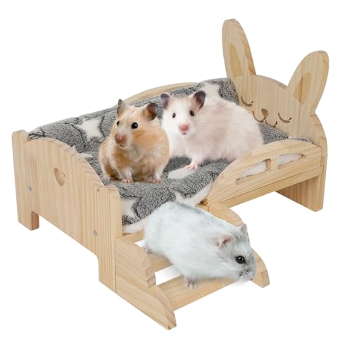 Sparklenut Meerschweinchen Hängematte Holz mit Kaninchenbett, Kaninchen Bett, Meerschweinchen Bett Matte, Meerschweinchen Versteck mit Treppen, Fleece Plüschbett (1* Bett Holz+1* Grau Plüschbett) von Sparklenut