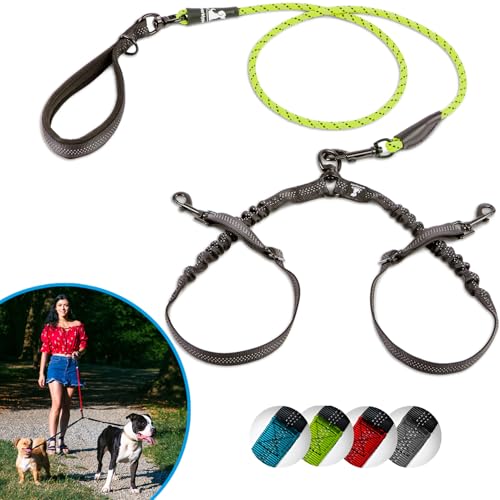 SparklyPets Doppelleine für 2 kleine Hunde, verhedderungsfreies Seil, Bungee-Doppelleine für Zwei kleine Hunde, mit verstellbaren Kupplungen und weichem Griff, Grün, Größe S von SparklyPets