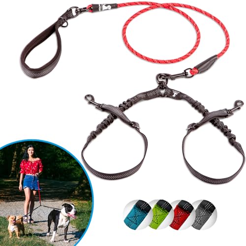 SparklyPets Doppelleine für 2 kleine Hunde, verhedderungsfreies Seil, Bungee-Doppelleine für Zwei kleine Hunde, mit verstellbaren Kupplungen und weichem Griff, Rot, Größe S von SparklyPets