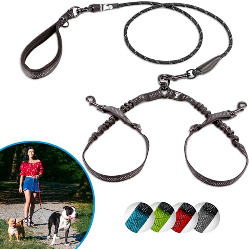 SparklyPets Doppelleine für 2 kleine Hunde – verhedderungsfreies Seil, Bungee-Doppelleine für Zwei kleine Rassen, mit verstellbaren Kupplungen und weichem Griff, Schwarz, Größe S von SparklyPets