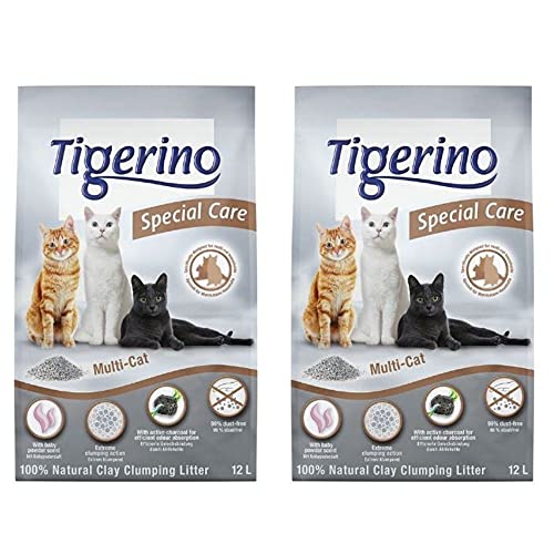 Tigerino Special Care Katzenstreu - Multikatze 2x12L Klumpstreu aus natürlichem Bentonit, mit frischem Babypuderduft, ideal für Mehrkatzen-Haushalt, praktisch staubfrei von Special