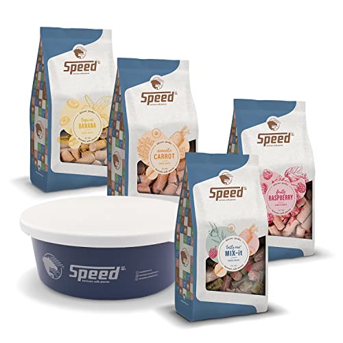 Speed Snack-Pack 'Tasty', 4er Set Pferdeleckerli aus besten Zutaten, superleckeres Belohnungsfutter für jedes Pferd, inklusive hochwertiger Futterschale von Speed horsecare with passion EST. 1963