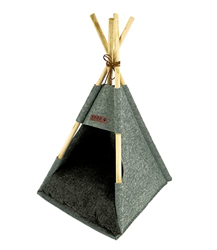 Spetebo Haustier Zelt aus Holz und Filz in grau mit Kissen - ca. 80x44x42 cm - Stabiles Katzen Tipi Hunde Zelt Haus Bett waschbar Schlafplatz von Spetebo