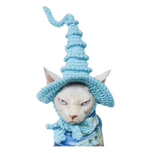 SphonxAi Pet Wizard Hut, handgefertigt, Katze, Hexenhut, Halloween, Haustierkostüm, Kopfbedeckung, Zubehör, Zaubererhut für Katzen, kleine Hunde, Strickmütze mit Perlen für Haustiere (Dunstblau) von SphonxAi