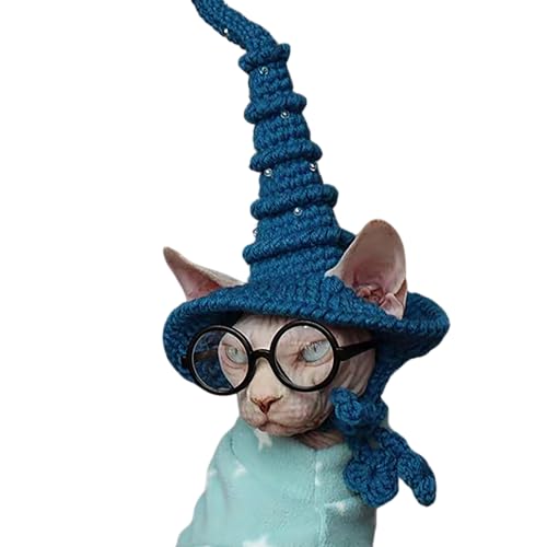 SphonxAi Pet Wizard Hut, handgefertigt, Katze, Hexenhut, Halloween, Haustierkostüm, Kopfbedeckung, Zubehör, Zaubererhut für Katzen, kleine Hunde, Strickmütze mit Perlen für Haustiere (Graublau) von SphonxAi