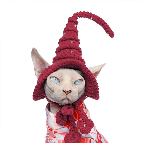 SphonxAi Pet Wizard Hut, handgefertigt, Katze, Hexenhut, Halloween, Haustierkostüm, Kopfbedeckung, Zubehör, Zaubererhut für Katzen, kleine Hunde, Strickmütze mit Perlen für Haustiere (rot) von SphonxAi