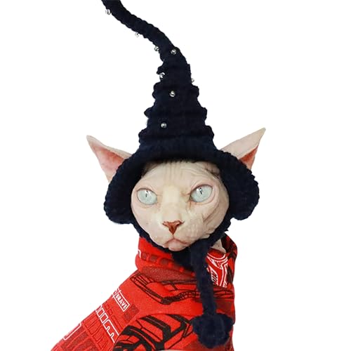 SphonxAi Pet Wizard Hut, handgefertigt, Katze, Hexenhut, Halloween, Haustierkostüm, Kopfbedeckung, Zubehör, Zaubererhut für Katzen, kleine Hunde, Strickmütze mit Perlen für Haustiere (schwarz) von SphonxAi