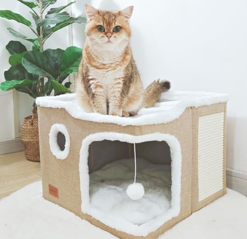 Spindro Großes Katzenhöhlenbett für Indoor-Katzen, Würfelhaus mit Kratzpad, Katzenhütte mit waschbarer Sherpa-Matte, Warmer, weicher Katzenmatte, niedliches Katzenbett, modernes Hundebett,Khaki von Spindro