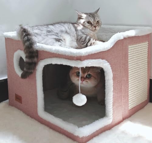 Spindro Großes Katzenhöhlenbett für Indoor-Katzen, Würfelhaus mit Kratzpad, Katzenhütte mit waschbarer Sherpa-Matte, warmer, weicher Katzenmatte, niedliches Katzenbett, modernes Hundebett, Rosa von Spindro