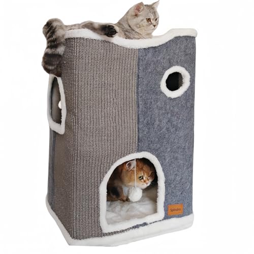 Spindro Katzenhöhle Katzenbett große, Katzenhaus Indoor Katzen schlafplatz mit abnehmbarem Sherpa Katzenkissen und hängendem Spielzeug, Katzen Bettchen, hellgrau 42x32x60cm von Spindro