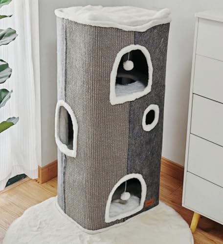 Spindro Katzenhöhle Katzenbett große, Katzenhaus Indoor Katzen schlafplatz mit abnehmbarem Sherpa Katzenkissen und hängendem Spielzeug, Katzen Bettchen, hellgrau 42x32x84cm von Spindro