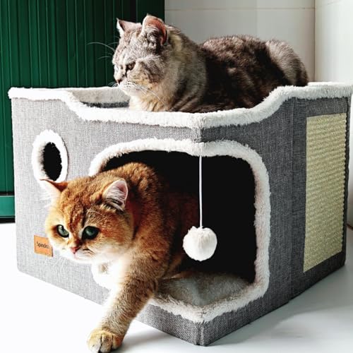 Spindro Katzenhöhle Katzenbett große, Katzenhaus Indoor Katzen schlafplatz mit abnehmbarem Sherpa Katzenkissen und hängendem Spielzeug, Katzen Bettchen, hellgrau 42x42x33cm von Spindro