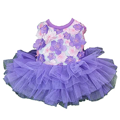 Hund Prinzessin Kleid Blumendruck Mehrlagiges Netzgarn Baumwolle Rundhals Teddy Hochzeit Rock für Sommer Haustier Kleidung - Lila S von SpirWoRchlan