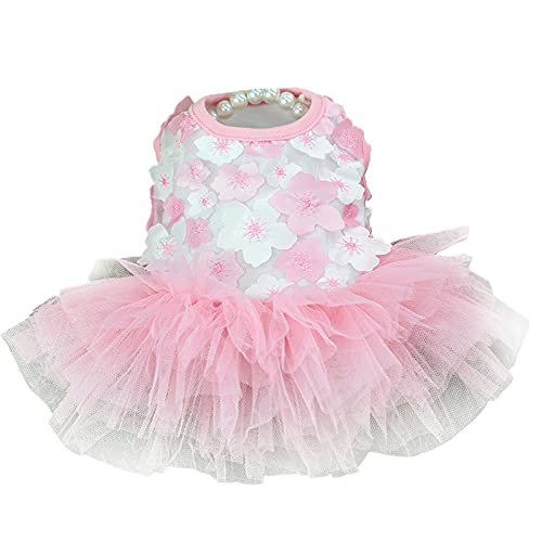 Hund Prinzessin Kleid Blumendruck Mehrlagiges Netzgarn Baumwolle Rundhals Teddy Hochzeit Rock für Sommer Haustier Kleidung - Rosa M von SpirWoRchlan