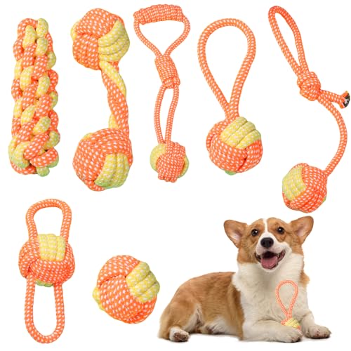 7 Stück Hundespielzeug Welpenspielzeug: Hundespielzeug Unzerstörbar Kauspielzeug Hund Spielzeug für Kleine, Welpen Spielzeug für Hunde ​Zahnpflege Langlebiges Interaktives Hundespielzeug Seil (Gelb) von Sporgo