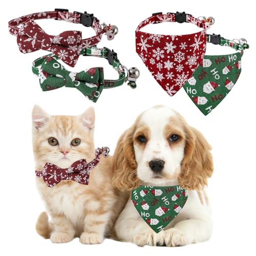 Sporgo 4 Stück Weihnachtliches Katzenhalsband: 15-28cm Verstellbar Halsband Katze und Katzen Schal, Kätzchen Halsbänder mit Abnehmbar Schleife und Glocken, für kleine Hunde und Katzen von Sporgo