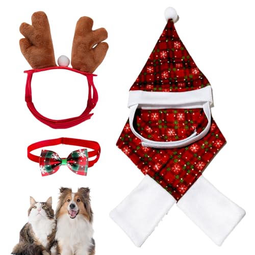 Sporgo 4PCS Katze Weihnachten: Weihnachtskostüm für Katzen, Katzenbekleidung Haustier Kostüm Weihnachtsmann-Mütze, Schal, Geweih Stirnband, Fliege für Katzen Hunde Geschenk von Sporgo