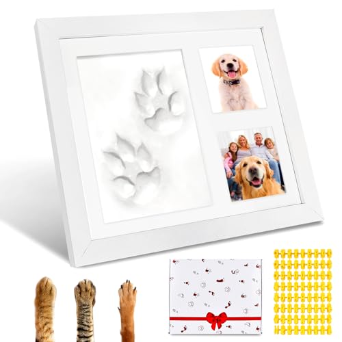 Sporgo Pfotenabdruck Set Hund Katze, 3D Bilderrahmen mit Pfotenabdrücke und 2 Foto, Pfotenabdruck Set Ständer 360° Drehbar, Holz Bilderrahmen für Hunde oder Katzenbesitzer (mit Geschenkverpackung) von Sporgo