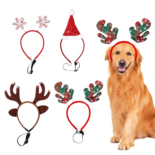 Sporgo Weihnachts Kopfschmuck für Hunde: 4 Stück Weihnachten Rentier Geweih Kopfschmuck Elch Kopfbedeckung Haarreif, Verstellbare Weihnachten Haustier Stirnband Weihnachtskostüm Zubehör für Hunde von Sporgo