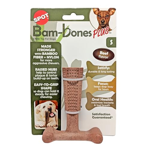 SPOT Bam-Bones Plus T-Knochen – Bambusfaser und Nylon, langlebig, für Aggressive Kauer, tolles Spielzeug für Erwachsene Hunde und zahnende Welpen unter 13,6 kg, splitterfrei, 10,2 cm, Rindgeschmack von SPOT