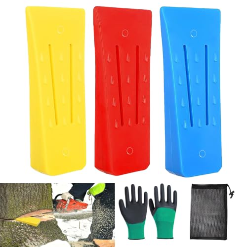 3 Stück Fällkeil Kunststoff,Fällkeile Set6 Zoll Mit Handschuhen Und Aufbewahrungstasche,Fällkeil Set Für Kontrollierten Holzeinschlag (Rot, Blau, Gelb) von Sprießen