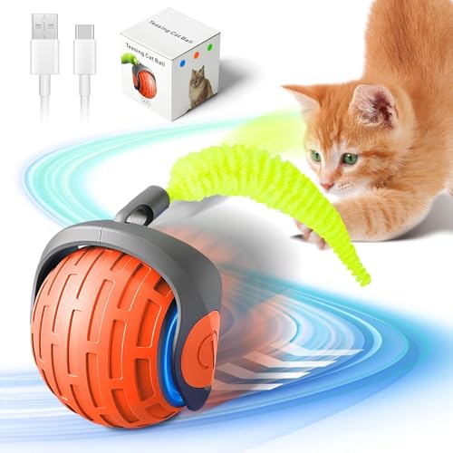 Sprifityy Katzenspielzeug Elektrisch Katzenball mit LED Licht, Interaktives Katzenspielzeug Ball, 360° mit Ersatzschwanz Selbstdrehender, USB Wiederaufladbarer, Lustiges Bälle Spielzeug von Sprifityy