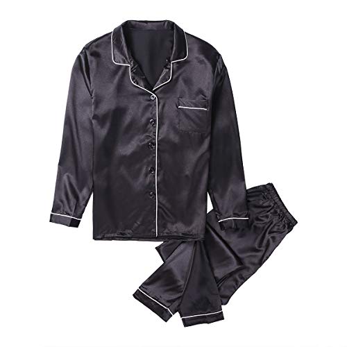 Springcmy Damen-Pyjama-Set, Satin, Seide, langärmelig, Button-Down-Shirt, Pyjama-Set, Nachtwäsche, Loungewear, 2-teilig Gr. 46, Schwarz von Springcmy