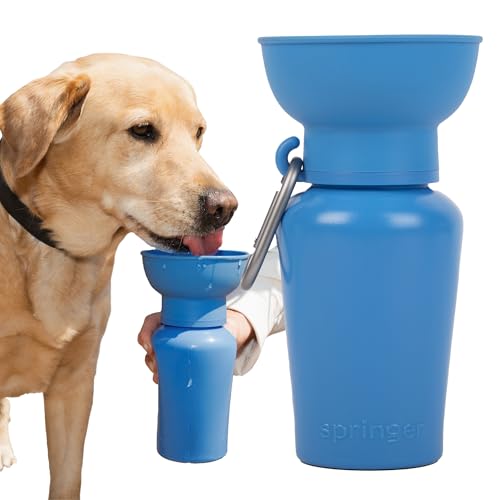 Springer Flip tragbare Hunde-Wasserflasche mit faltbarem Silikonnapf in Lebensmittelqualität, 590 ml, ideal für Camping, einfaches Drücken und Ablassen von Springer