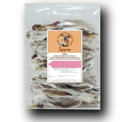 Spyrus Hasenohren mit Fell Hunde Snack,Kaninchenohren,Naturprodukt für Hunde,Reich an Vitaminen & Mineralien|Snack für zwischendurch(200g) von Spyrus