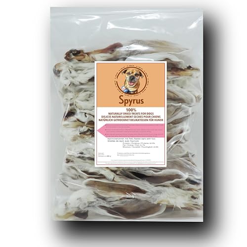 Spyrus Hasenohren mit Fell Hunde Snack,Kaninchenohren, Naturprodukt für Hunde, Reich an Vitaminen & Mineralien|Snack für zwischendurch (400 g) von Spyrus