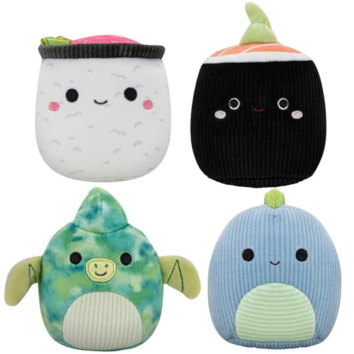 Squishmallows Original 8,9 cm Dinosaurier und Sushi Hundespielzeug 4er-Pack – kleines, ultraweiches offizielles Plüsch-Haustierspielzeug – Amazon Exclusive von Squishmallows