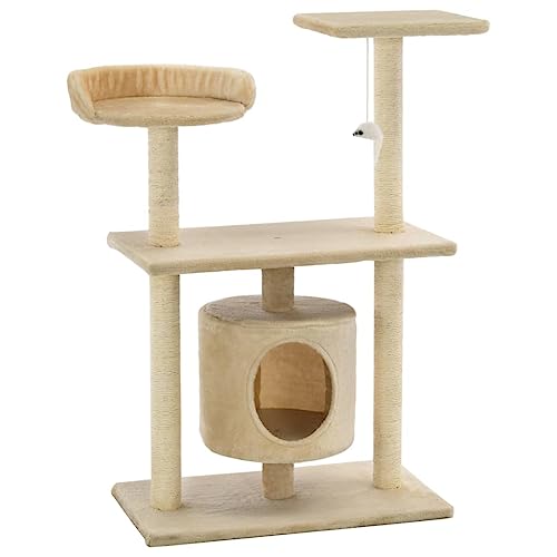 Srifurny Kratzbaum Sisal 95 cm Beige Multifunktional Katzenkratzbaum Platz für Katzen zum Kratzen, Klettern, Sitzen, Ausruhen Mehrstöckige Katzen-Spielplatz Komfortabler Plüsch von Srifurny