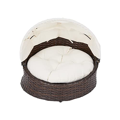 Teamson Pets Clotho Drinnen Draussen Rattan Katzen Oder Hunde Bett Liege mit Einziehbarem Baldachin und Abnehmbarem Waschbarem Kissen Braun/Creme ST-N10004-UK von Teamson