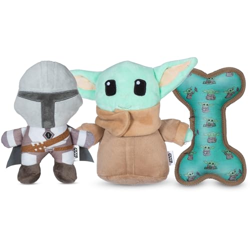 Star Wars for Pets The Mandalorian 3-teiliges Geschenkset für Hunde, enthält 22,9 cm Mandalorian-Plüsch, 22,9 cm Grogu-Plüsch und Oxford-Knochenform-Spielzeug mit Grogu-Druck, quietschendes von Star Wars