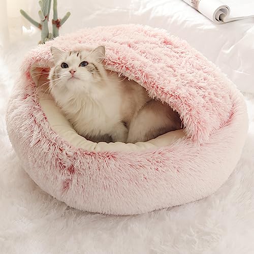 Starnearby Flauschiges Katzenbett Rund, Waschbar Warmer Plüsch Kuschelhöhle Katze, Höhle mit Kapuze, Katzen Schlafplatz, Haustierbett für kleine/mittelgroße Hunde und Katzen, Rosa 60cm von Starnearby