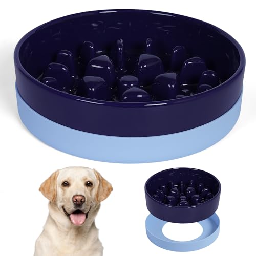 Sted Keramik Slow Feeder Hundenäpfe mit Silikonbasis, Langsames Füttern Hundenapf Mittlere Große Rasse, Hundefutterschalen für Fast Eater, Slow Down Eating, Puzzle Dog Food Bowl, Labyrinthblau von Sted