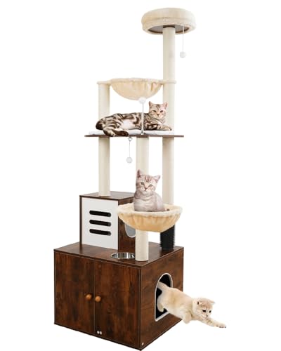 Katzenbaum mit Katzentoilettengehege, moderner Katzenturm aus Holz für Indoor-Katzen mit großer Plattform, verstecktem Katzenklo Möbel mit Sisal-Kratzbaum und weicher Plüschsitzstange, von Sthdofrpaits