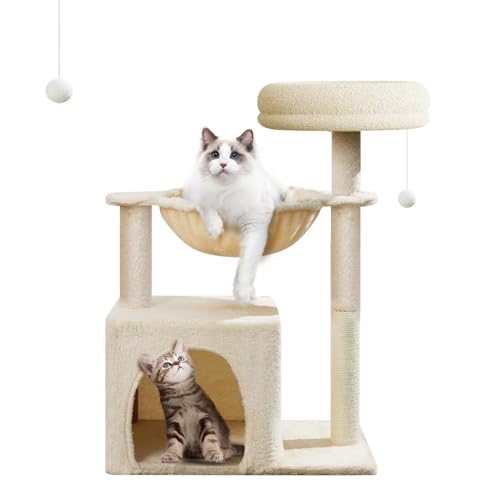 Sthdofrpaits Katzenbaum Turm für Indoor Katzen 27,9 Zoll, Mehrstufiges Katzenhaus Wohnung mit Hängematten, Sisal Kratzbaum, Spaß Spielzeug, Plüschstangen für Kätzchen Spielen und Ausruhen von Sthdofrpaits