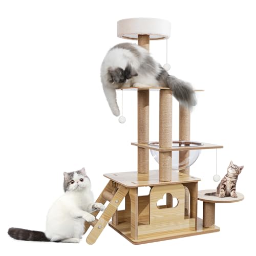 Sthdofrpaits Moderner Katzenbaum aus Holz, 114,3 cm großer Katzenturm für Indoor-Katzen, mehrstufiges Katzenhaus mit Sisal-Kratzstämmen, obere Sitzstange, Acrylkuppel, Trittleiter für große Katzen, von Sthdofrpaits