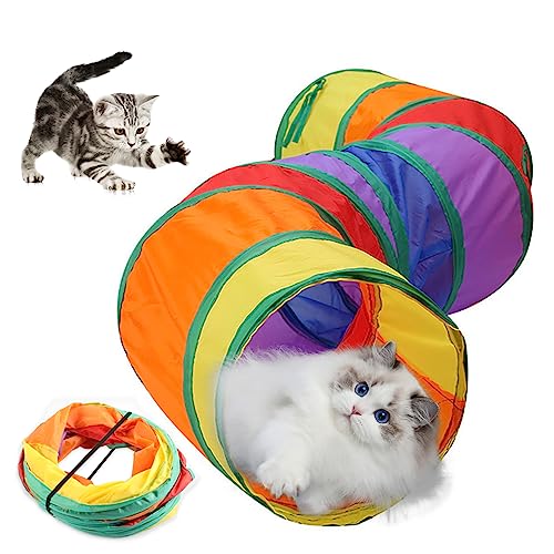 Katzenspielzeug S Cat Tunnel 8.43x9,84 Zoll zusammenklappbar Kitty Indoor Outdoor -Spielzeug mit 2 Löchern und Spielball für Welpen Kaninchen kleine Tierregenbogenfarbe von Stibzeup