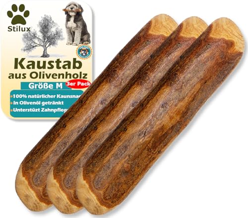 Stilux® 3er Set Kauhloz aus Olivenholz für Hunde bis 20Kg, Größe M, Kauknochen Hundespielzeug, langlebiges Holzknochen Kauspielzeug zur Hund Zahnpflege von Stilux