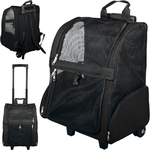 2IN1 Transporttasche mit Rollen bis 15kg Rucksack Trolley Hund Katze Hunderucksack Tasche (Schwarz) von Stimo