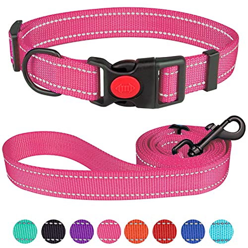 Reflective Dog Collar and Leash Set with Safety Locking Buckle Nylon Pet Collars Adjustable for Small Medium Large Dogs 4 Sizes(Hotpink&L) von Stpiatue
