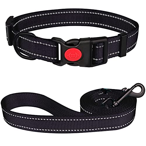 Reflektierendes Hundehalsband und Leine, Set mit Sicherheitsverriegelungsschnalle, Nylon, Haustier-Halsbänder, verstellbar, für kleine, mittelgroße und große Hunde, 4 Größen (schwarz und L) von Stpiatue