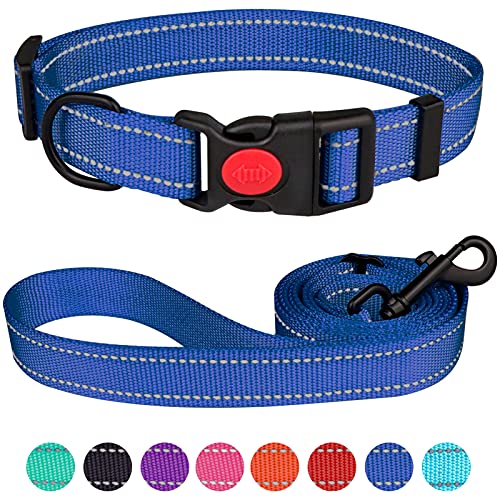 Reflektierendes Hundehalsband und Leine, Set mit Sicherheitsverriegelungsschnalle, Nylon, Haustierhalsband, verstellbar, für kleine, mittelgroße und große Hunde, 4 Größen (Marineblau und L) von Stpiatue