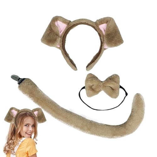 Streysisl Hundeohren und Schwanz-Set, Welpenohren, Stirnband und Schwanz | Hundewelpen-Stirnband, Fliege, Schwanz, 3-teiliges Kostüm,Tier-Cosplay-Partyzubehör, Cosplay-Zubehör-Set für Halloween- von Streysisl