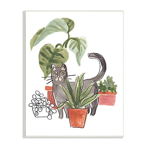 Stupell Industries June Erica Vess Wandschild mit Grauer Katze, Terrakotta, tropisches Monstera, 33 x 48 cm, Weiß von Stupell Industries