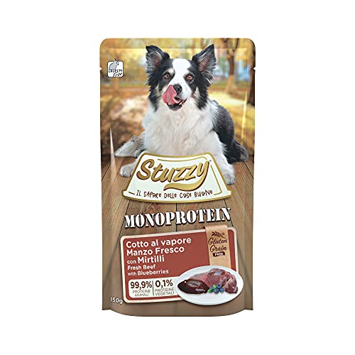 Stuzzy, Monoprotein Grain & Gluten Free, Nassfutter für Erwachsene Hunde mit frischem Rindfleisch und Blaubeeren, zubereitet in Pastete - insgesamt 1,8 kg (12 Beutel à 150 g) von Stuzzy